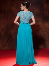Teal V-neck Floor-length Chiffon Lace Dress For Prom Wear Inexpensive