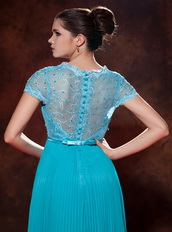 Teal V-neck Floor-length Chiffon Lace Dress For Prom Wear Inexpensive