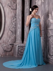 Aqua Blue Chiffon Beading Prom Dress Skirt And Court Train Inexpensive