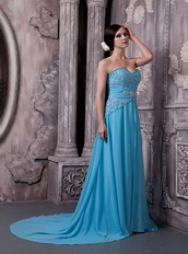 Aqua Blue Chiffon Beading Prom Dress Skirt And Court Train Inexpensive