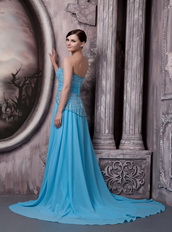 Aqua Blue Chiffon Beading Prom Dress Skirt And Court Train Inexpensive