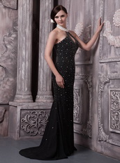 Black Halter Sexy Chiffon Prom Dress With Full Beading Inexpensive