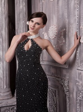 Black Halter Sexy Chiffon Prom Dress With Full Beading Inexpensive