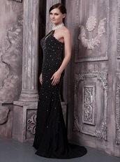 Black Halter Sexy Chiffon Prom Dress With Full Beading Inexpensive