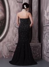 Black Halter Sexy Chiffon Prom Dress With Full Beading Inexpensive