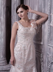Champagne Square Neck Open Back Lace Fabric Dress Prom Wear Inexpensive