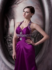 Halter Silk Like Satin Eggplant Purple Prom Dress For Women Inexpensive