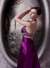 Halter Silk Like Satin Eggplant Purple Prom Dress For Women Inexpensive