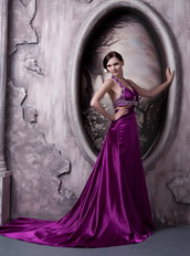 Halter Silk Like Satin Eggplant Purple Prom Dress For Women Inexpensive