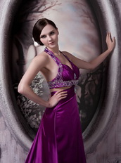 Halter Silk Like Satin Eggplant Purple Prom Dress For Women Inexpensive