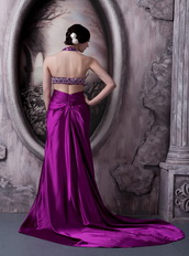 Halter Silk Like Satin Eggplant Purple Prom Dress For Women Inexpensive