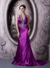 Column Halter Eggplant Purple Party Dress With Crystals Diamonds Inexpensive