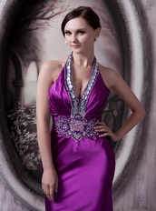 Column Halter Eggplant Purple Party Dress With Crystals Diamonds Inexpensive