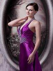 Column Halter Eggplant Purple Party Dress With Crystals Diamonds Inexpensive