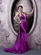 Column Halter Eggplant Purple Party Dress With Crystals Diamonds Inexpensive