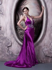 Column Halter Eggplant Purple Party Dress With Crystals Diamonds Inexpensive