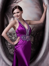 Column Halter Eggplant Purple Party Dress With Crystals Diamonds Inexpensive