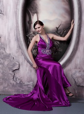 Column Halter Eggplant Purple Party Dress With Crystals Diamonds Inexpensive