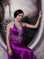 Column Halter Eggplant Purple Party Dress With Crystals Diamonds Inexpensive