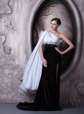 White and Black One Shoulder Prom Dress With Drapped Emberllishment Inexpensive