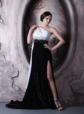 White and Black One Shoulder Prom Dress With Drapped Emberllishment Inexpensive