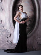 White and Black One Shoulder Prom Dress With Drapped Emberllishment Inexpensive