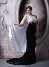 White and Black One Shoulder Prom Dress With Drapped Emberllishment Inexpensive