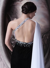 White and Black One Shoulder Prom Dress With Drapped Emberllishment Inexpensive