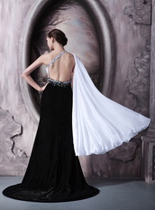 White and Black One Shoulder Prom Dress With Drapped Emberllishment Inexpensive