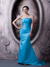 Aqua Blue Column Strapless Elastic Woven Satin Lady Prom Dress Inexpensive