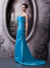 Aqua Blue Column Strapless Elastic Woven Satin Lady Prom Dress Inexpensive