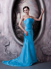 Aqua Blue Column Strapless Elastic Woven Satin Lady Prom Dress Inexpensive