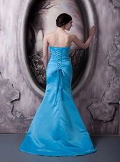 Aqua Blue Column Strapless Elastic Woven Satin Lady Prom Dress Inexpensive