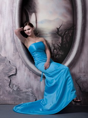 Aqua Blue Column Strapless Elastic Woven Satin Lady Prom Dress Inexpensive