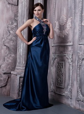 Navy Blue Elastic Woven Satin Prom Dress Halter Top Neck Inexpensive