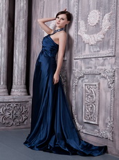 Navy Blue Elastic Woven Satin Prom Dress Halter Top Neck Inexpensive