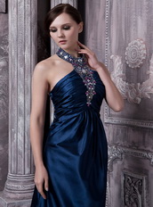 Navy Blue Elastic Woven Satin Prom Dress Halter Top Neck Inexpensive