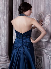 Navy Blue Elastic Woven Satin Prom Dress Halter Top Neck Inexpensive