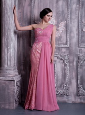 Rose Pink One Shoulder Prom Dress Chiffon And Lace Fabric Inexpensive