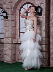 White High-low Layers Skirt Prom Dress With Gold Beading Inexpensive