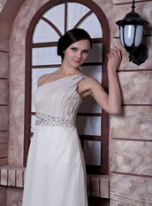 White Empire One Shoulder Chiffon Prom Gowns Dresses 2014 Inexpensive