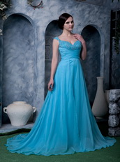 Straps Sweep Train Aqua Blue Chiffon Prom Dresses For Lady Wear Inexpensive