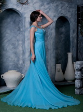 Straps Sweep Train Aqua Blue Chiffon Prom Dresses For Lady Wear Inexpensive