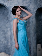 Straps Sweep Train Aqua Blue Chiffon Prom Dresses For Lady Wear Inexpensive