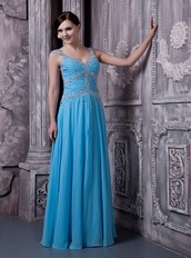 Aqua Blue Empire Prom Dress Straps Long Chiffon Skirt Inexpensive