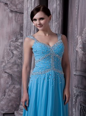 Aqua Blue Empire Prom Dress Straps Long Chiffon Skirt Inexpensive