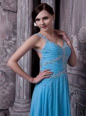 Aqua Blue Empire Prom Dress Straps Long Chiffon Skirt Inexpensive