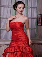 Scarlet Red Taffeta Ruffled Layers Slit Skirt Prom Dress Cathedral Train Inexpensive