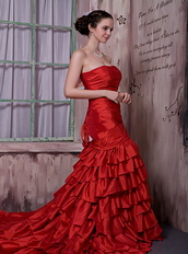 Scarlet Red Taffeta Ruffled Layers Slit Skirt Prom Dress Cathedral Train Inexpensive
