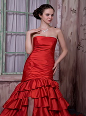Scarlet Red Taffeta Ruffled Layers Slit Skirt Prom Dress Cathedral Train Inexpensive